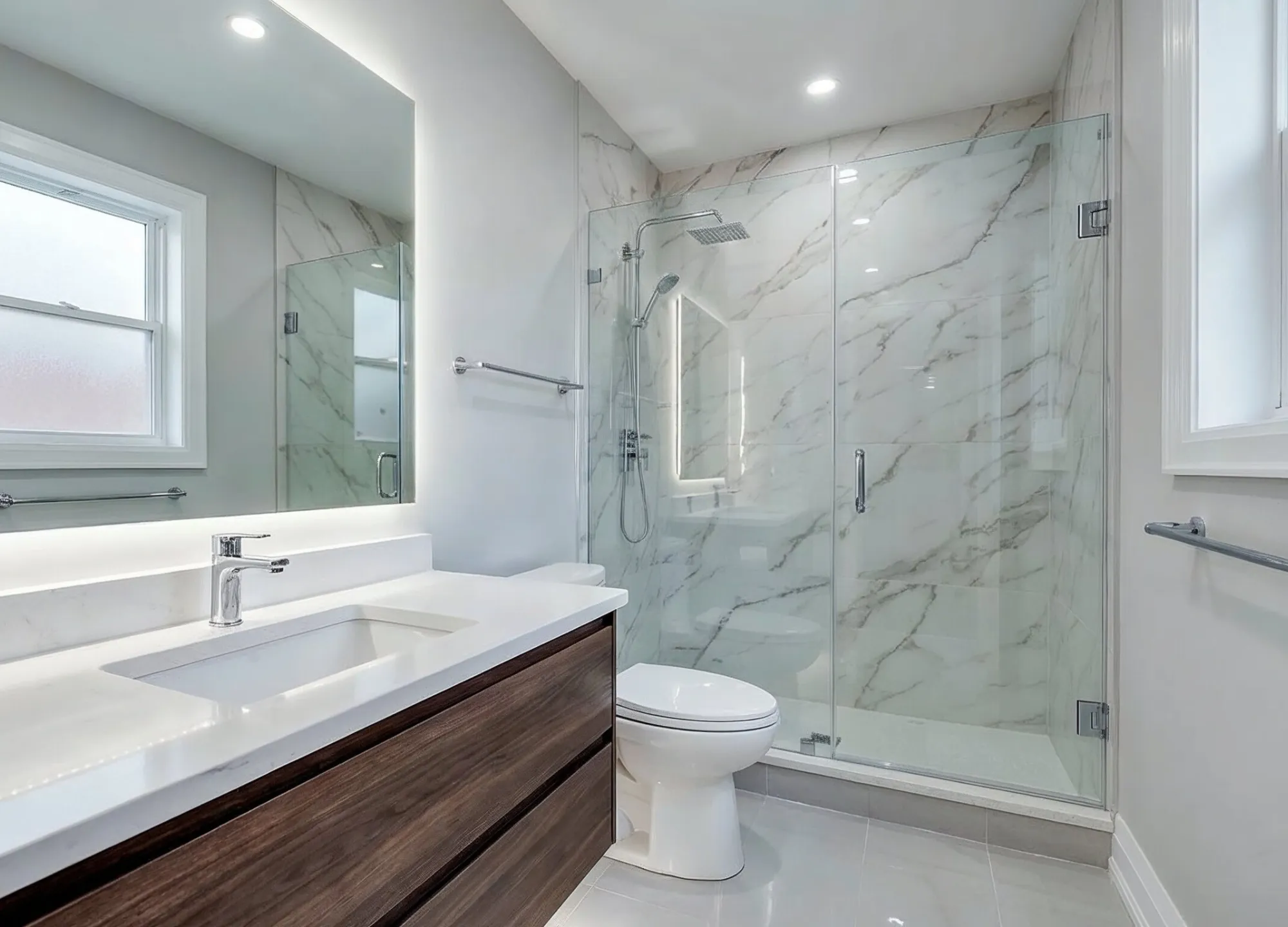 Bathroom remodeling project in Los Angeles with glass shower enclosure marble walls and modern vanity design