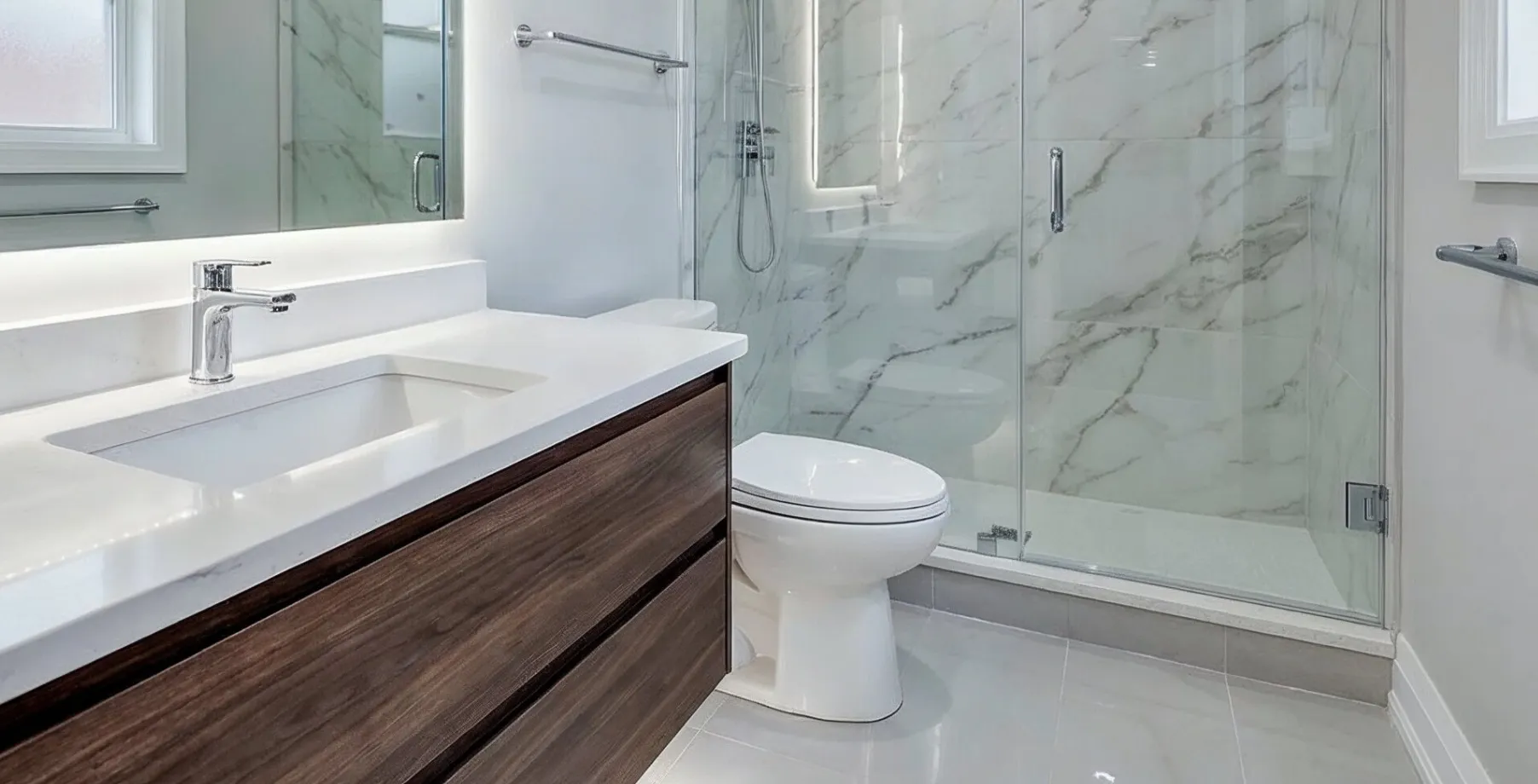 Modern bathroom remodeling in Los Angeles with glass shower, marble walls, and sleek vanity design