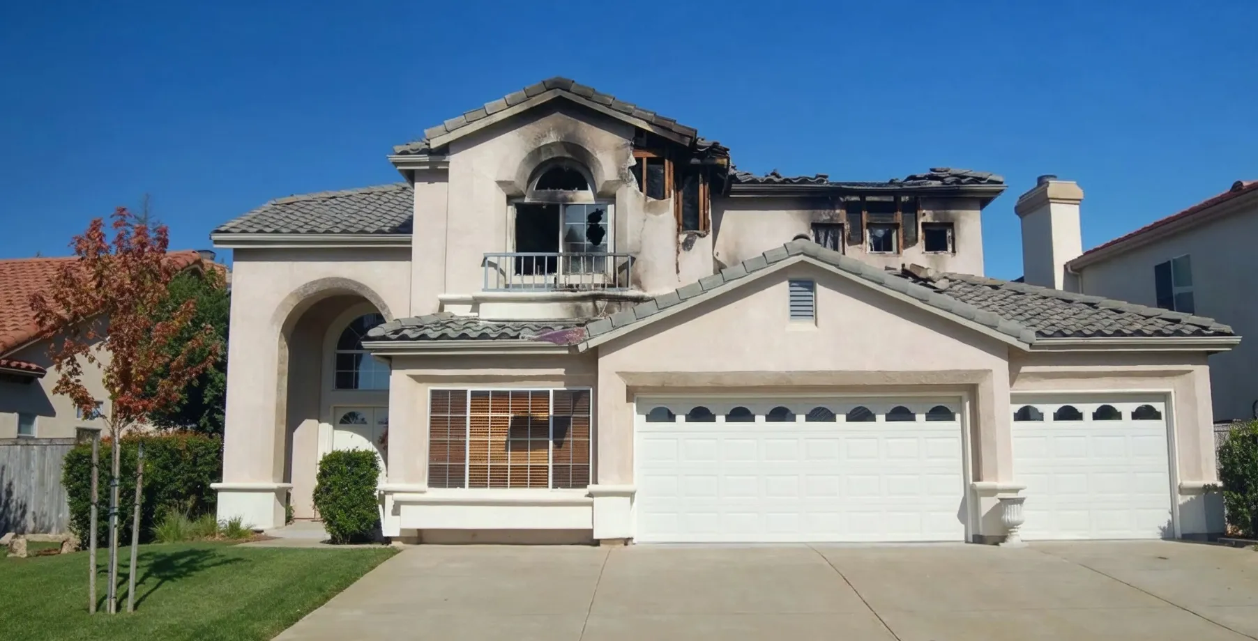 Fire-damaged home in Los Angeles with visible structural damage and burned exterior before restoration