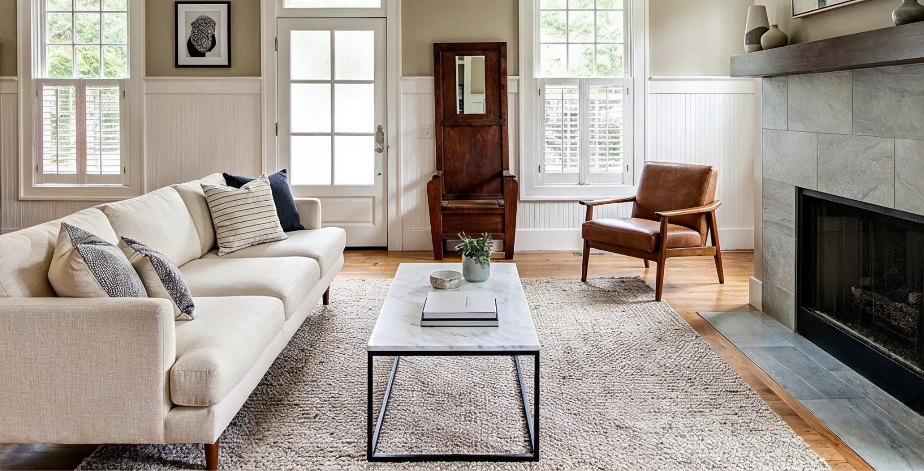 Modern home remodeling in Los Angeles featuring bright living room with neutral tones, updated flooring, and clean design