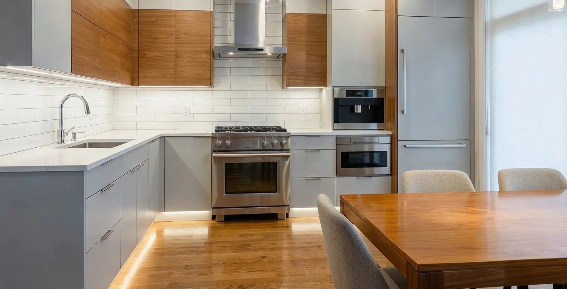 Modern kitchen remodeling in Los Angeles with white cabinets, quartz countertops, and stainless steel appliances