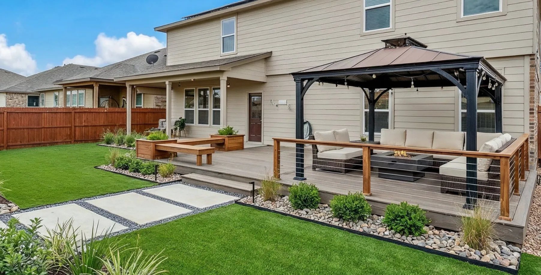 Outdoor living remodeling in Los Angeles with modern deck, seating area, landscaping, and pergola