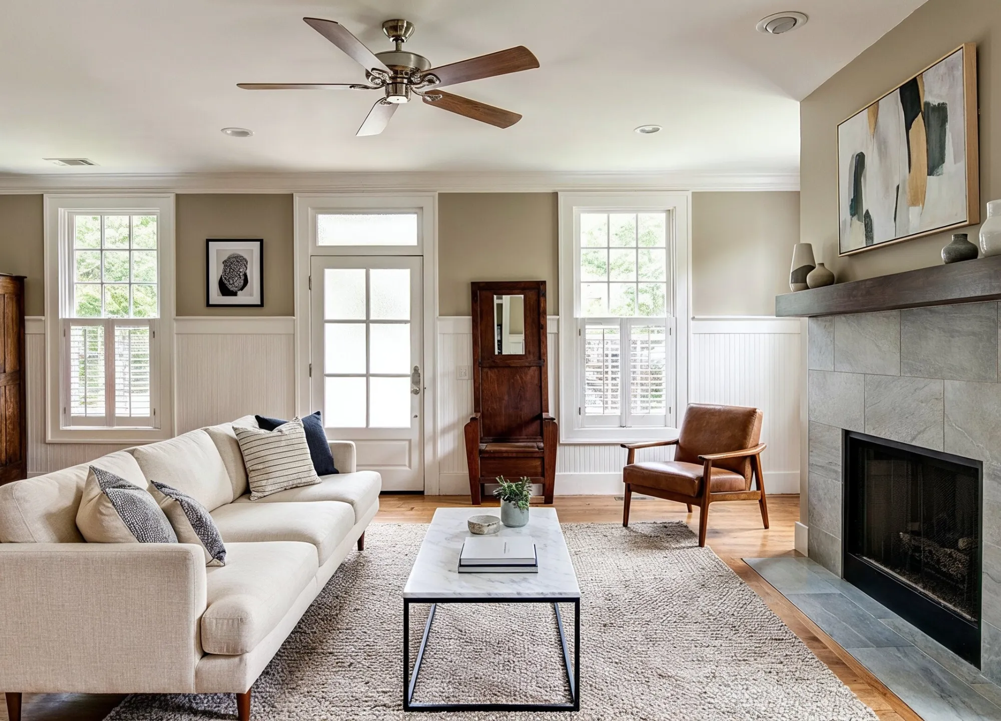 Home remodeling project in Los Angeles featuring cozy living room renovation with fireplace and modern finishes