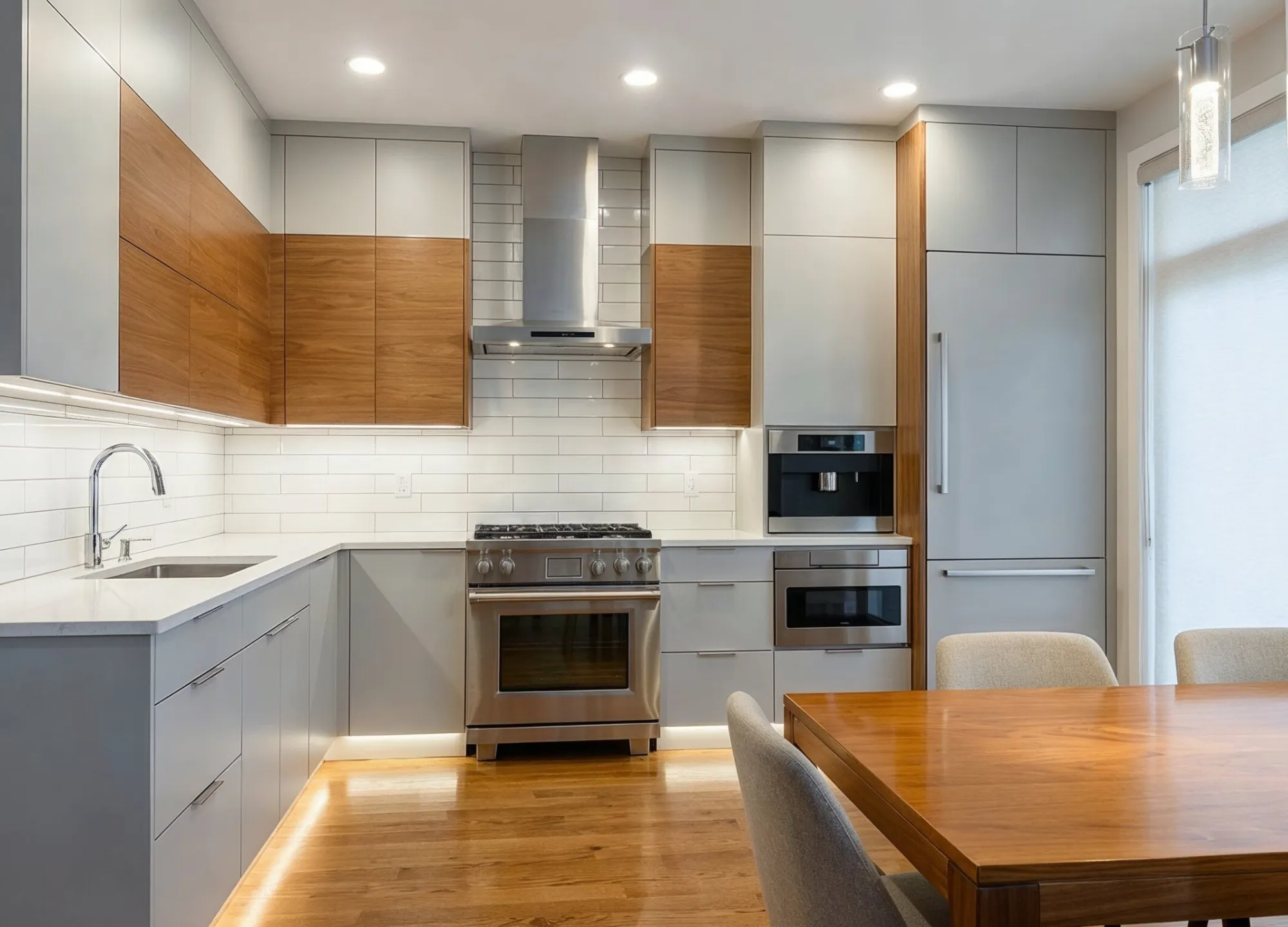 Kitchen remodeling project in Los Angeles with modern wood and white cabinets stainless steel appliances and sleek design
