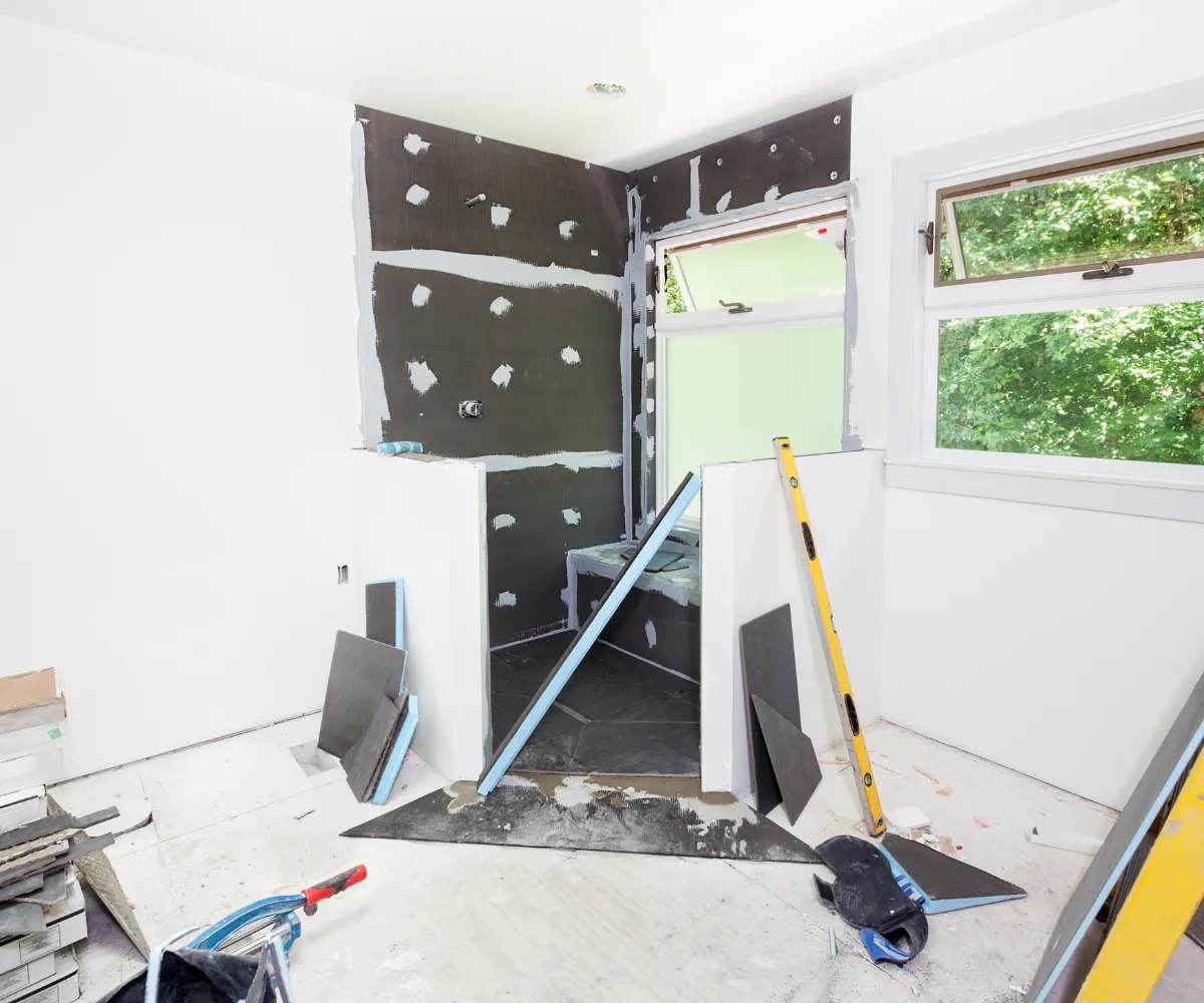 Bathroom remodeling in Los Angeles with shower construction, tile installation, and waterproof wall preparation