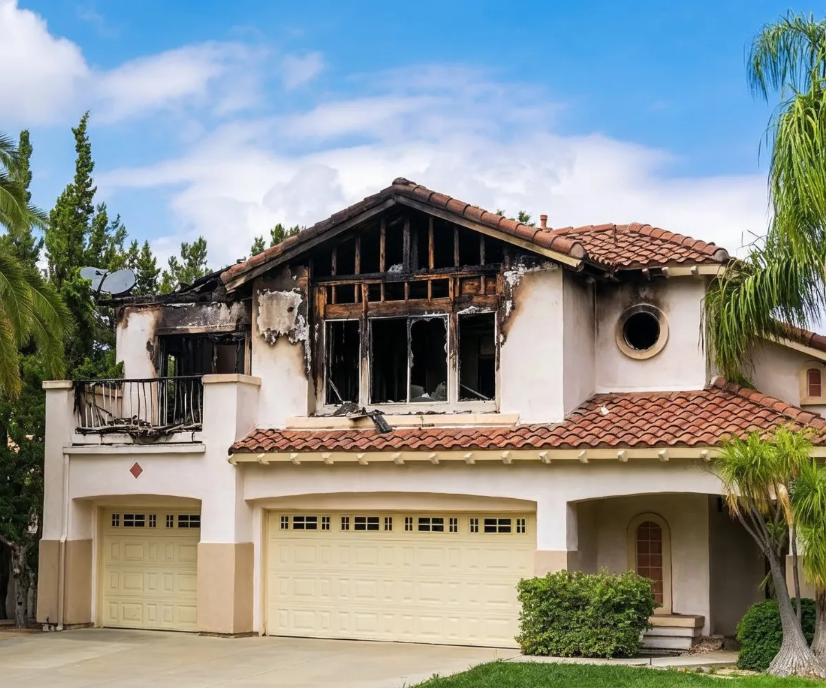 Fire damage rebuild and restoration in Los Angeles showing burned house structure ready for reconstruction and repair